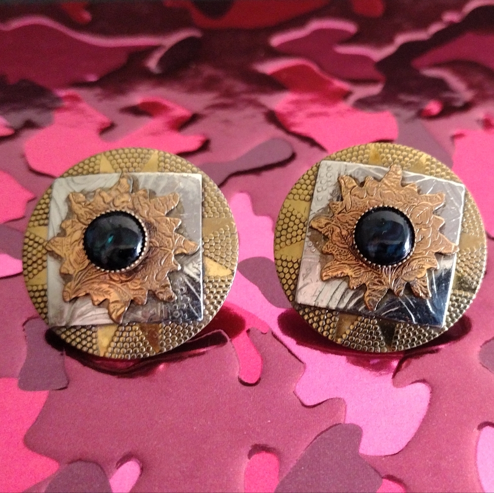 Embossed Mixed Metals Round Pierced Earrings